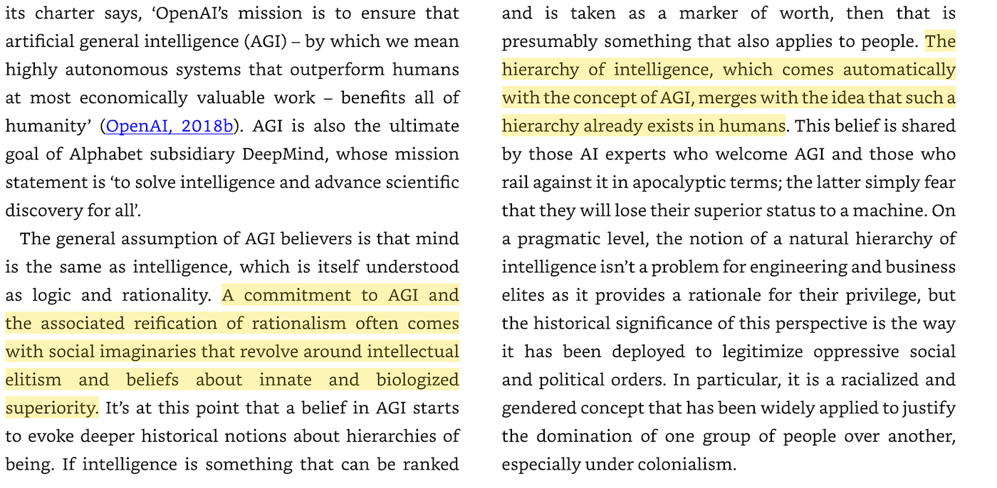 From Dan McQuillan's Resisting AI, highlighting the links among 'intelligence,' eugenics, and fascism. Screenshot of excert from Dan McQuillan's Resisting AI